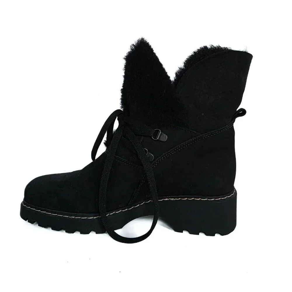 La Canadienne Shearling Lace Up Booties Womens 6.5 M Black Square Toe Waterproof